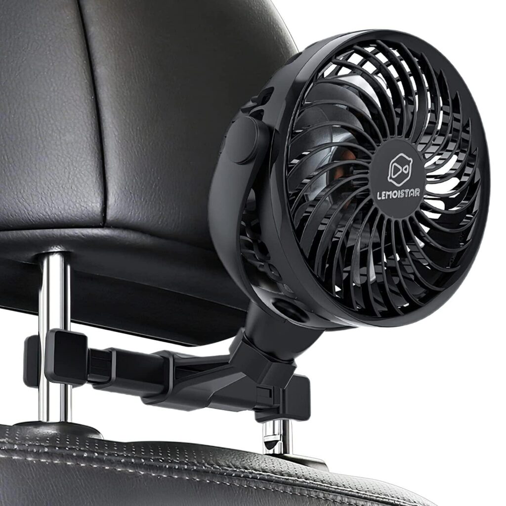 Retractable Portable Car Fans with 4 Speeds for Headrest and Rear Seat, Small Cooling Vehicle Air Fan, Quiet Operation, Rechargeable, Battery Operated,360 Degree Rotatable USB Fan for Baby, Puppy, SUV