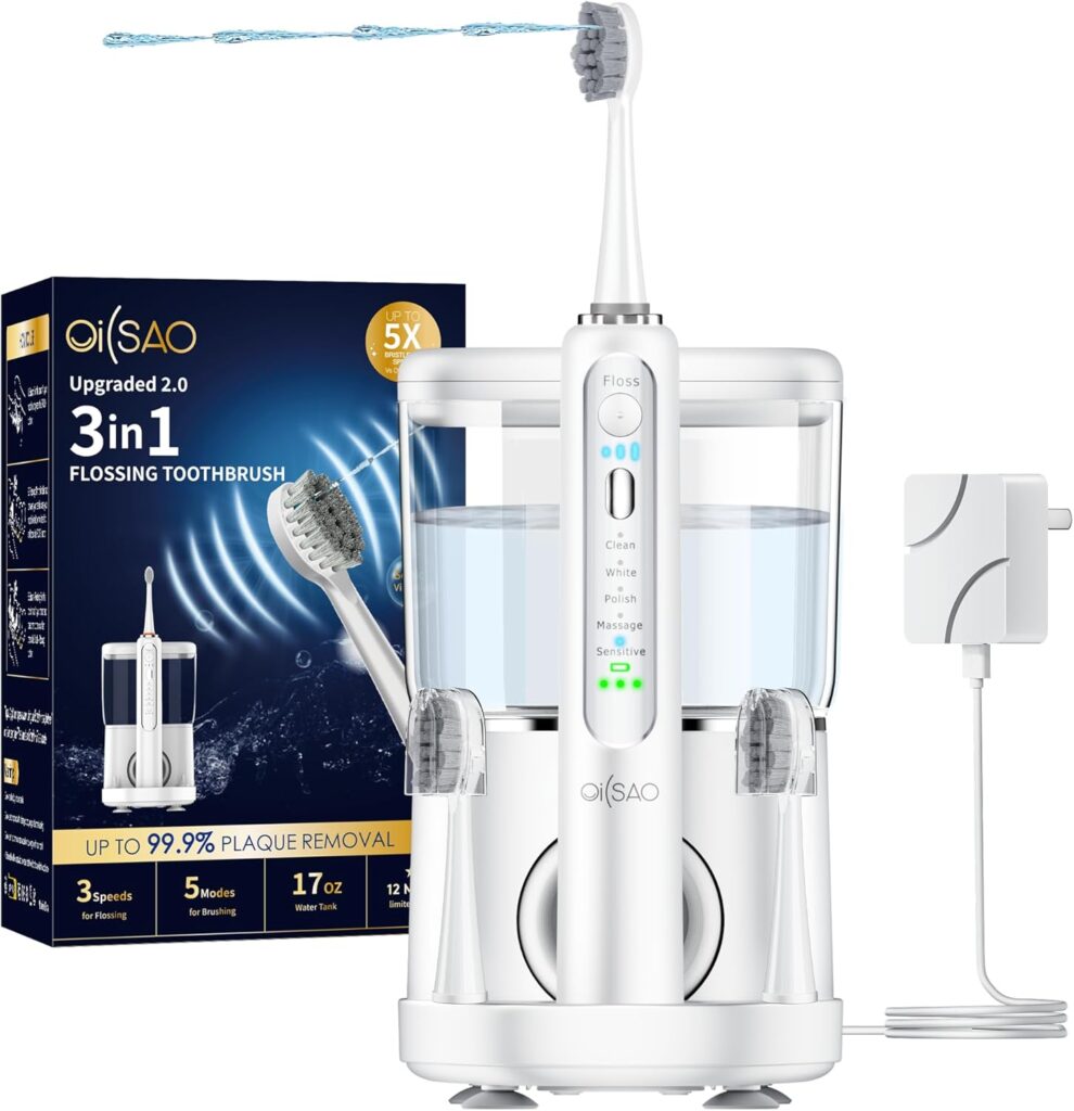 Electric Toothbrush with Water Flosser Combo in One, Professional Flossing Toothbrush for Teeth Cleaning and Flossing, Plaque Removal, Rechargeable, 5 Brush Modes & 3 Flossing Speeds, 500ML