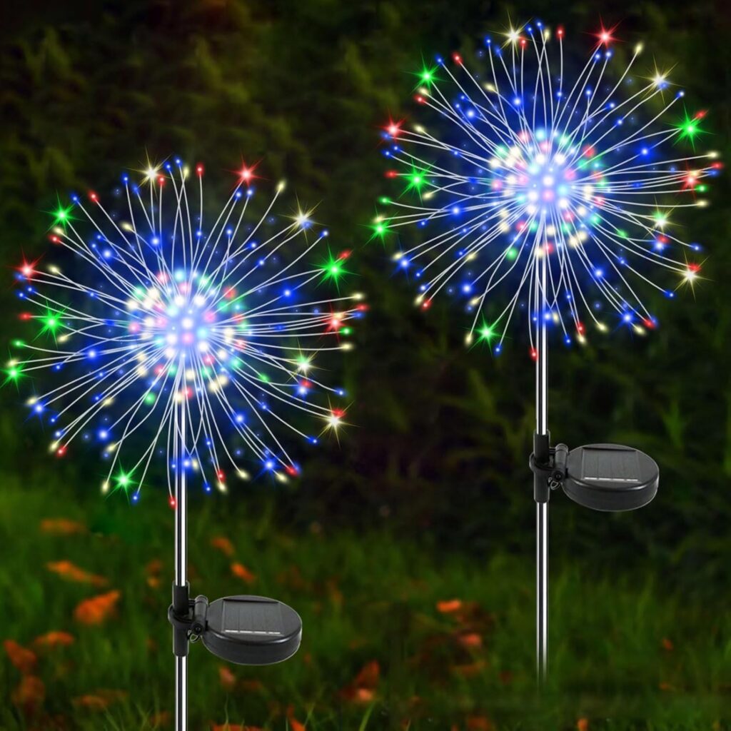 Solar Garden Lights Outdoor, 2 Pack 120 LED Twinkling Firework Lights Decorative with 2 Modes, Outdoor Waterproof Solar Starburst Light for Outside Yard Pathway Garden Decor, Multicolor