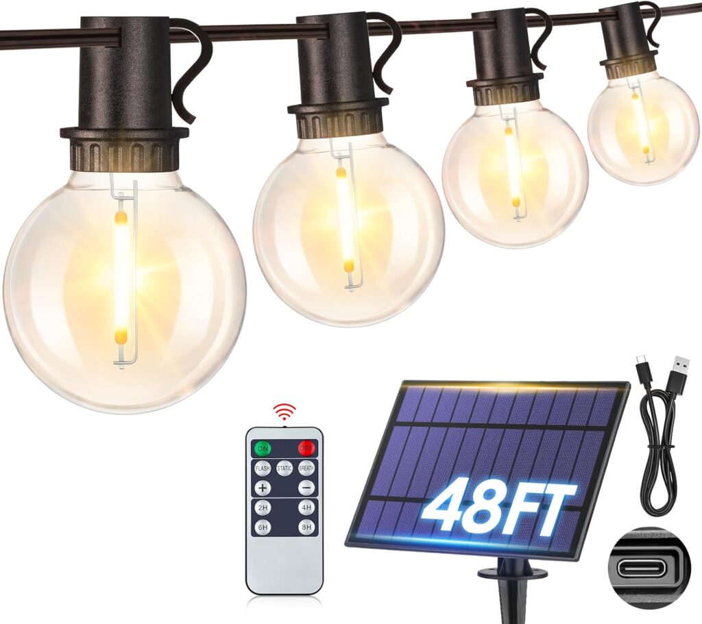Mlambert 48FT Solar String Lights with 15 Sockets 2700K G40 Bulbs, 1-Pack, Black Cord