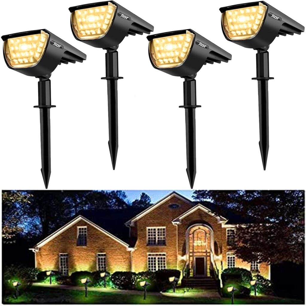 JIOR Solar Landscape SpotLights Outdoor 32 LED IP65 Waterproof Solar Powered Wall Lights 2-in-1 Adjustable Wireless Lights for Garden Yard Driveway Walkway Pool Patio 4 Pack (Warm White)