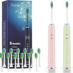 7AM2M Electric Toothbrush 2 Pack Set for Kids and Adults, 12 Brush Heads,5 Adjustable Modes, Built-in 2-Minute Smart Timer, Wireless Fast Charge for 60 Days,IPX7Waterproof SonicToothbrush(Green+Pink)