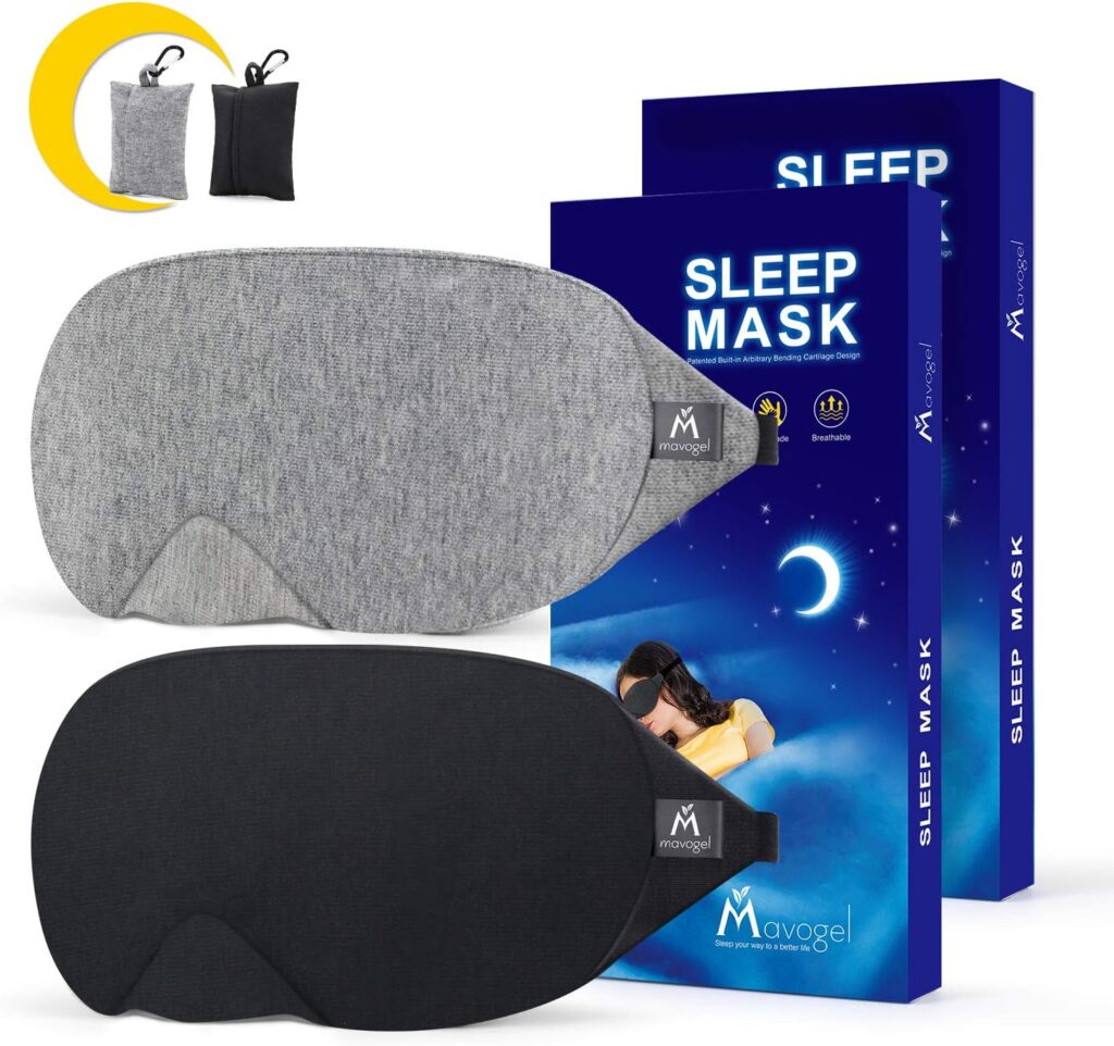 Mavogel Cotton Sleep Mask – Updated Design Light Blocking Sleep Mask, Soft and Comfortable Eye Blindfold for Men Women, Eye Mask for Sleeping/Shift Work, Includes Travel Pouch, Grey & Black