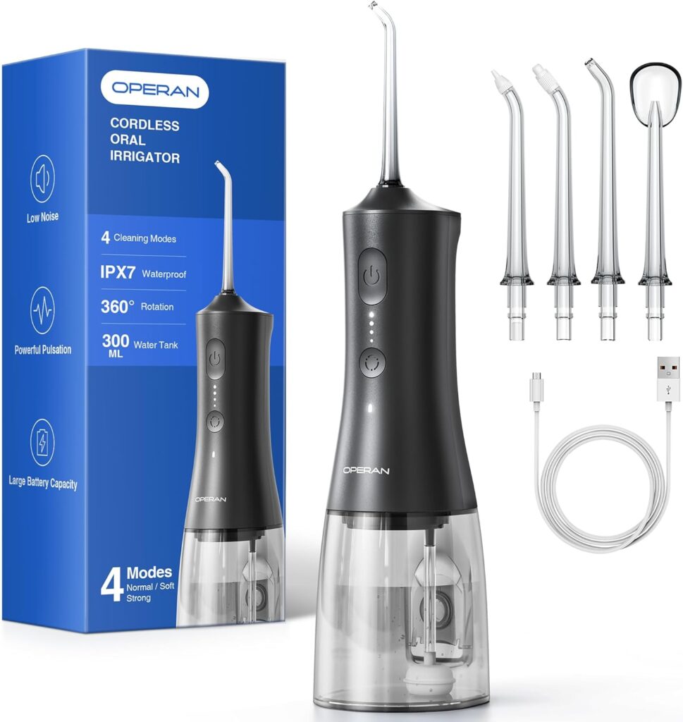 Operan Water Flosser for Teeth, 300ML Portable Dental Flosser with 4 Modes & 4 Nozzles, IPX7 Waterproof Rechargeable Oral Irrigator, Long Battery for Home, Braces Flossers, and Travel-Black+1Pack