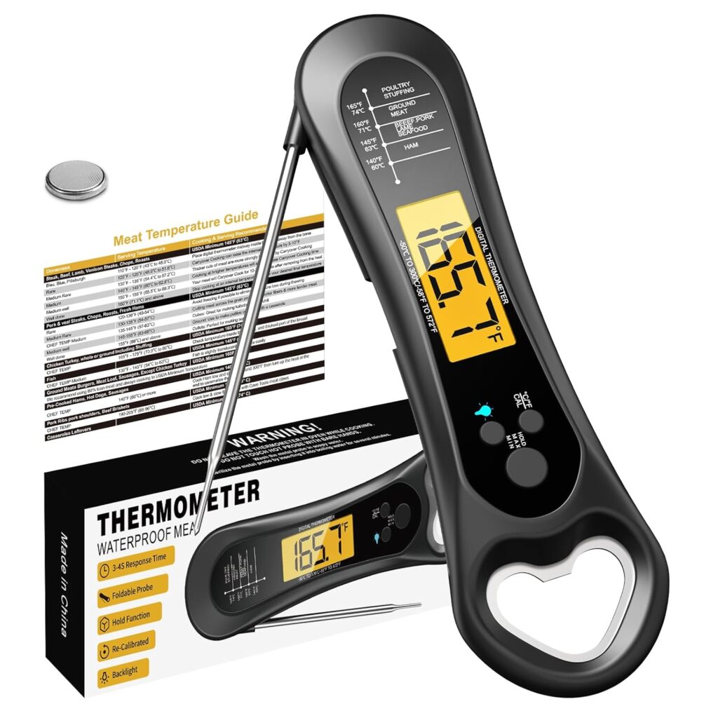 Meat Thermometer Digital, Instant Read Meat Thermometer for Grill and Cooking, with Bottle Opener, Backlight & Calibration Food Thermometer, Kitchen Gadgets for BBQ, Turkey, Candy, Liquids