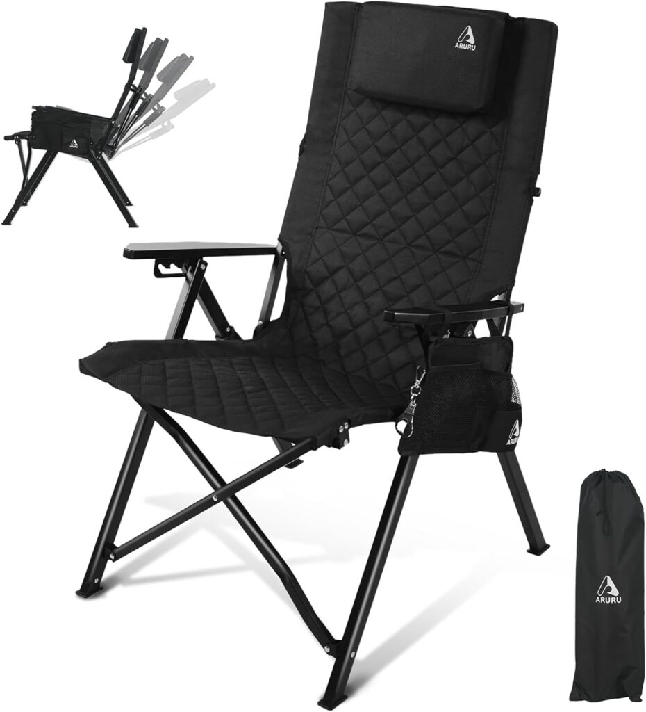 Reclining Camping Chair, Heavy Duty Folding Chairs with 4-Stage Adjustable High Back for Adults, Compact Foldable Outdoor Patio Reclining Chair with Storage Bag (Black, 1 Pack)