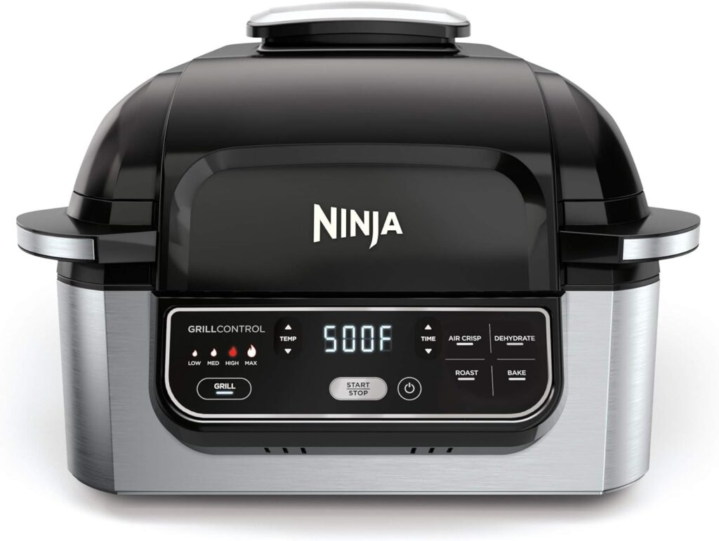 Ninja | Indoor Grill | Foodi | 5-in-1 (Grill, Air Fry, Roast, Bake, and Dehydrate | Fits up to 3lb Roast | Smoke Control System and Dishwasher Safe Parts| Black/Grey | AG301