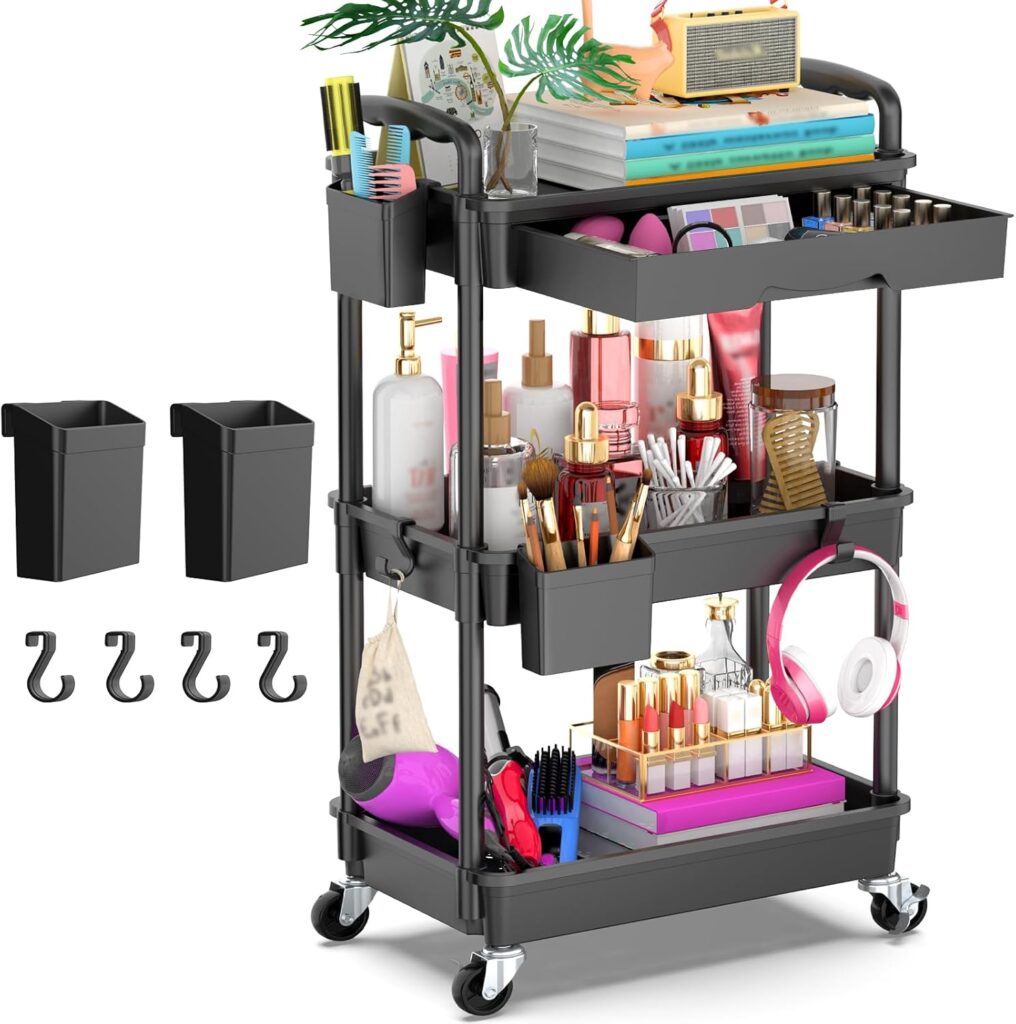 Goovilla 3 Tier Rolling Utility Cart Organizer with Removable Drawer, Stable and Sturdy Black Rolling Storage Carts with 2 Lockable Wheels for Bathroom, Kitchen, Snack, Craft, Makeup, Baby Essentials