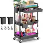 Goovilla 3 Tier Rolling Utility Cart Organizer with Removable Drawer, Stable and Sturdy Black Rolling Storage Carts with 2 Lockable Wheels for Bathroom, Kitchen, Snack, Craft, Makeup, Baby Essentials