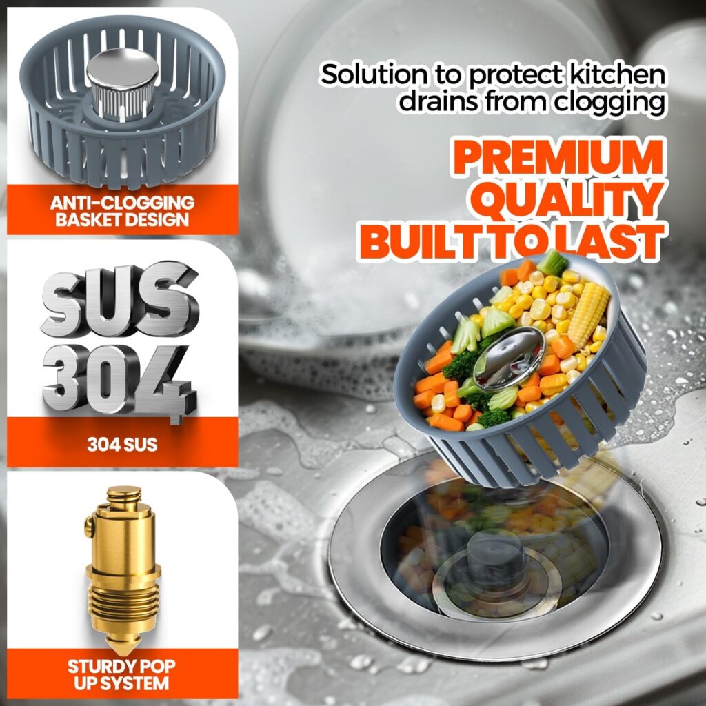 Kitchen Sink Drain Strainer & Sink Stopper, Upgraded 3 in 1 Stainless Steel Drain Plug Combo with Anti-Clog Basket, Pop Up Drain Cover for Standard 3-1/2”, Fits Double Bowl Kitchen Sinks