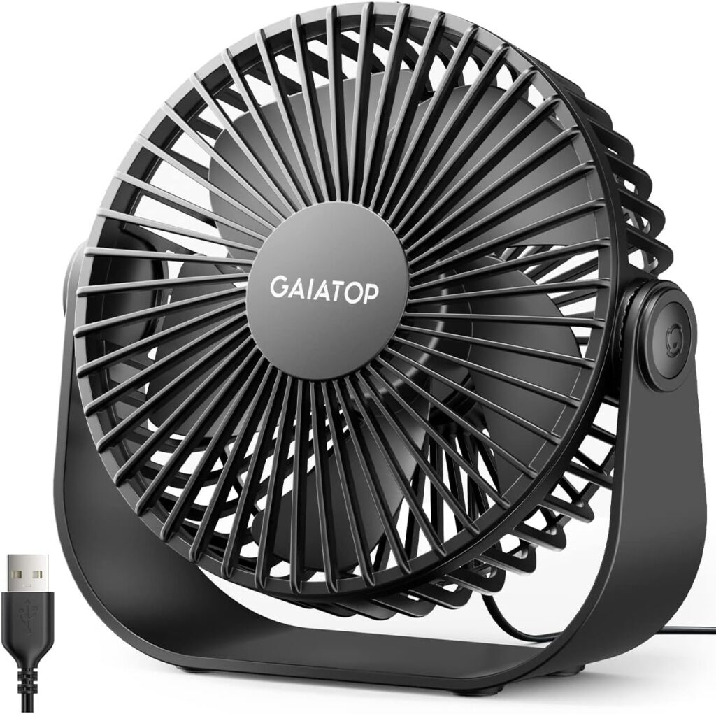 Gaiatop USB Desk Fan, 3 Speeds Strong Airflow, 5.5 Inch Portable 90° Rotate Quiet Cooling, Small Personal Table Fans for Bedroom Home Office Travel Black