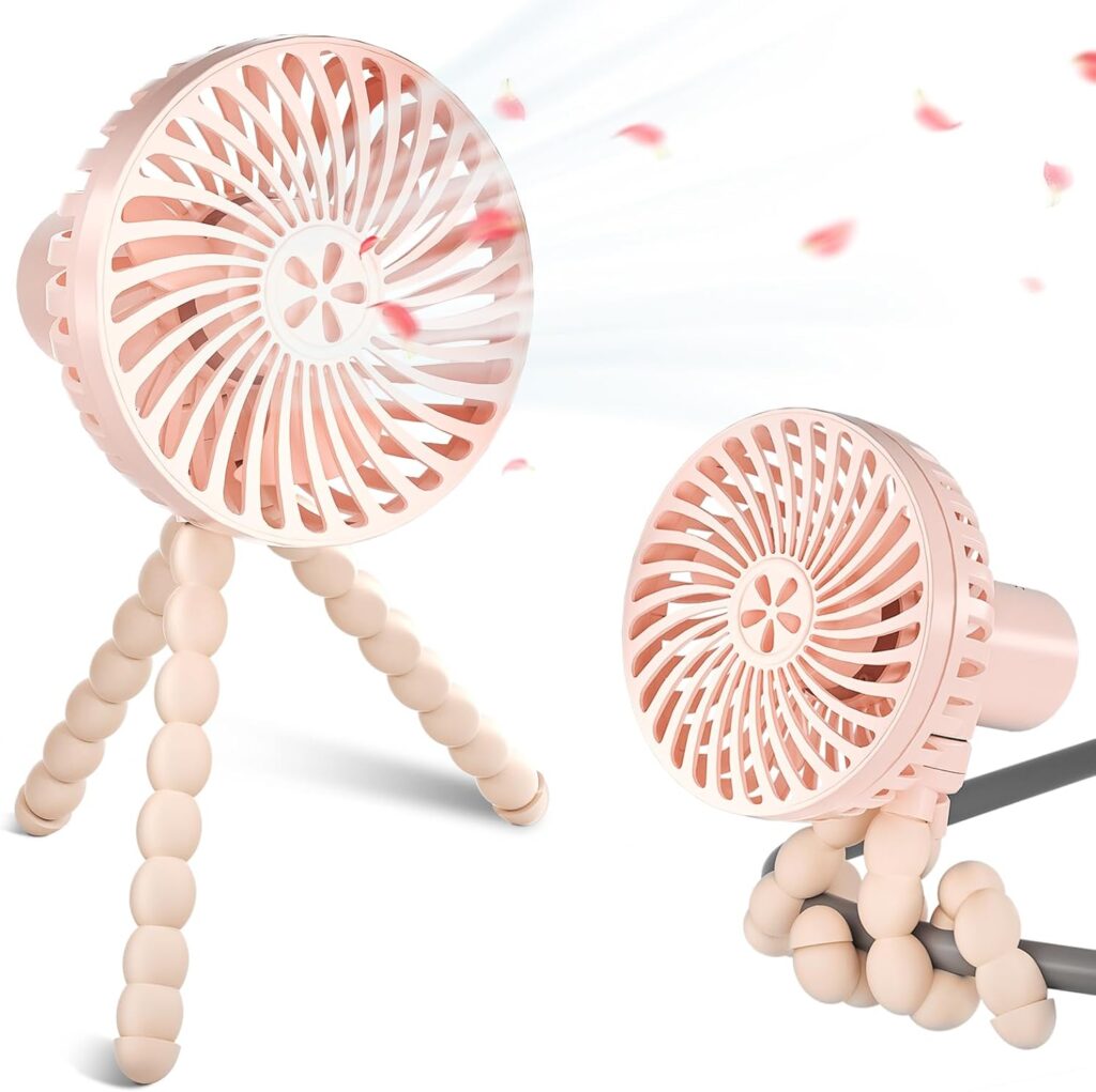 Stroller Fan with 3 Speeds USB Battery Powered Safe Stroller Cooling Fan Tripod Clip Mini Rechargeable Handheld Fans for Travel Treadmill Small Crib Fans,Pink