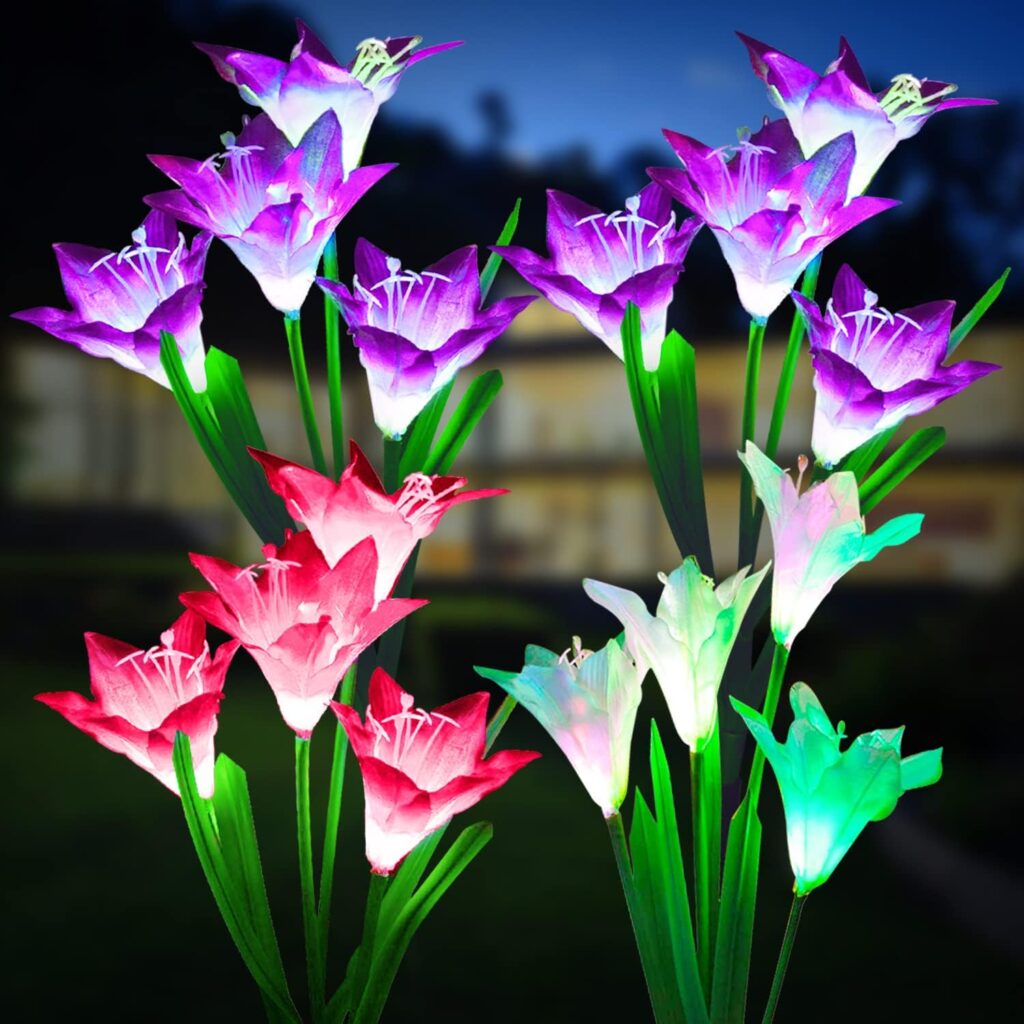 KOOPER Outdoor Solar Lights, 4 Pack Solar Garden Light with Bigger Lily Flowers, Waterproof 7 Color Changing Solar Lights Outdoor – Bigger Panel for Patio Yard Garden Decoration, Gift for Mom