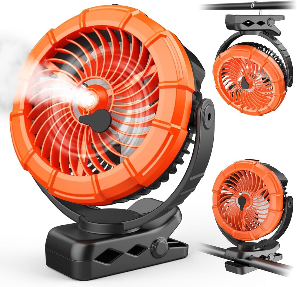 Ausic Portable Misting Clip on Fan, Golf Cart Fans, Max 45H Runtime, 100ml Camping Stroller Fan with LED, 360° Rotate Cooling Spray, Outdoor Rechargeable Battery Fans for Travel/Home/Beach