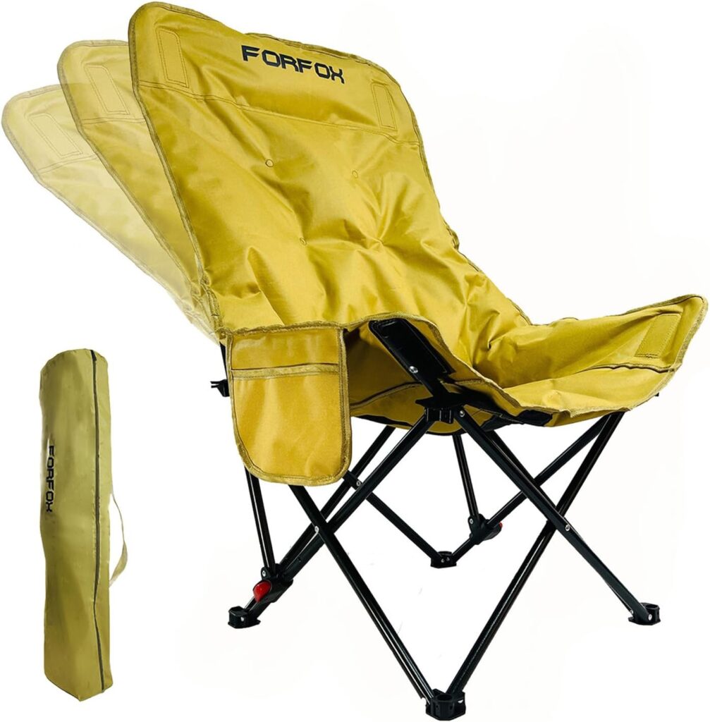 Adjustable Portable Folding Camping Chair with High Back, Side Pockets, Headrest, Lightweight Lawn Chair for Outdoor Camping, Beach, Leisure and Adults (Khaki Cotton Thickened)