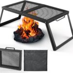 Odoland Folding Campfire Grill, Heavy Duty Steel Mesh Grate with Folding Legs and Storage Bag, Portable Camping Grates, Over Fire Pit Grill Rack for Outdoor Cooking and Bonfire