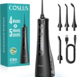 COSLUS Portable Water Flosser for Teeth: 4 Modes & 5 Intensity Levels Professional Electric Dental Pick for Sensitive Gums, Braces & Orthodontic – Cordless for Travel Use, for Adults, BPA-Free, Black