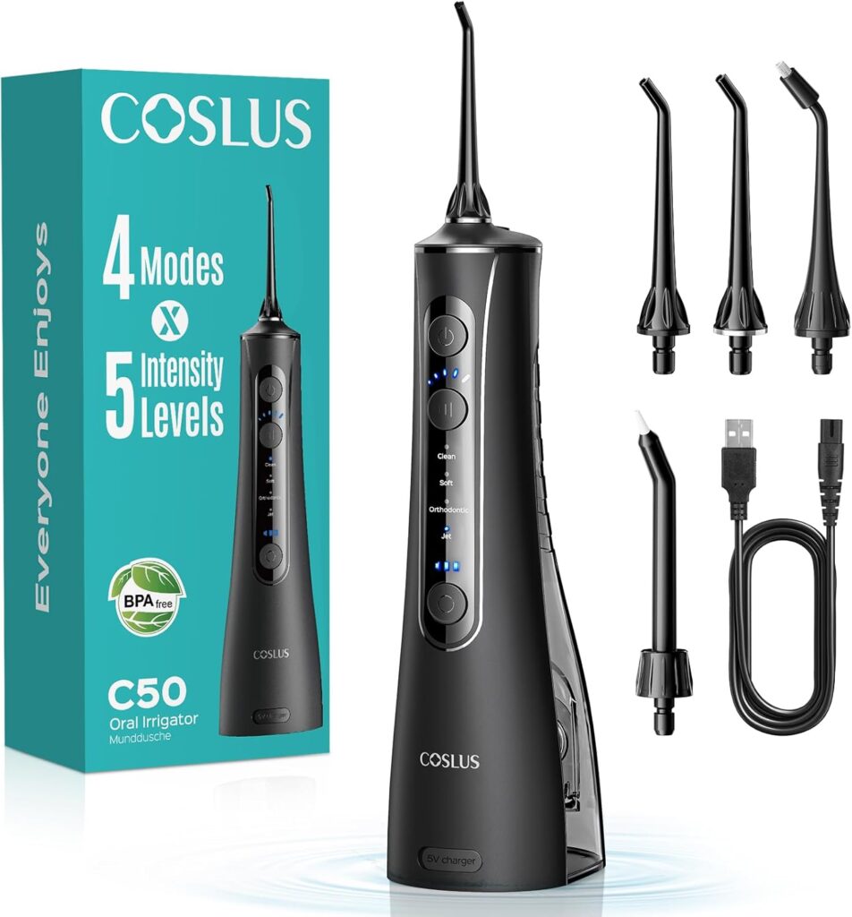 COSLUS Portable Water Flosser for Teeth: 4 Modes & 5 Intensity Levels Professional Electric Dental Pick for Sensitive Gums, Braces & Orthodontic – Cordless for Travel Use, for Adults, BPA-Free, Black