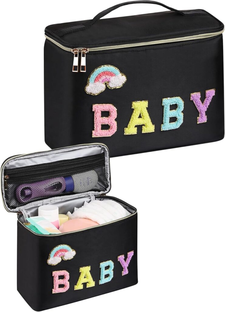 Chenille Letter Portable Diaper Bag, Spacious Water-Proof with Mesh Pocket and Handle Diaper Packing Cube Hold a Lot of Wipes and Diapers in Car for Work Trave 11.8″x5.5″x7.9″