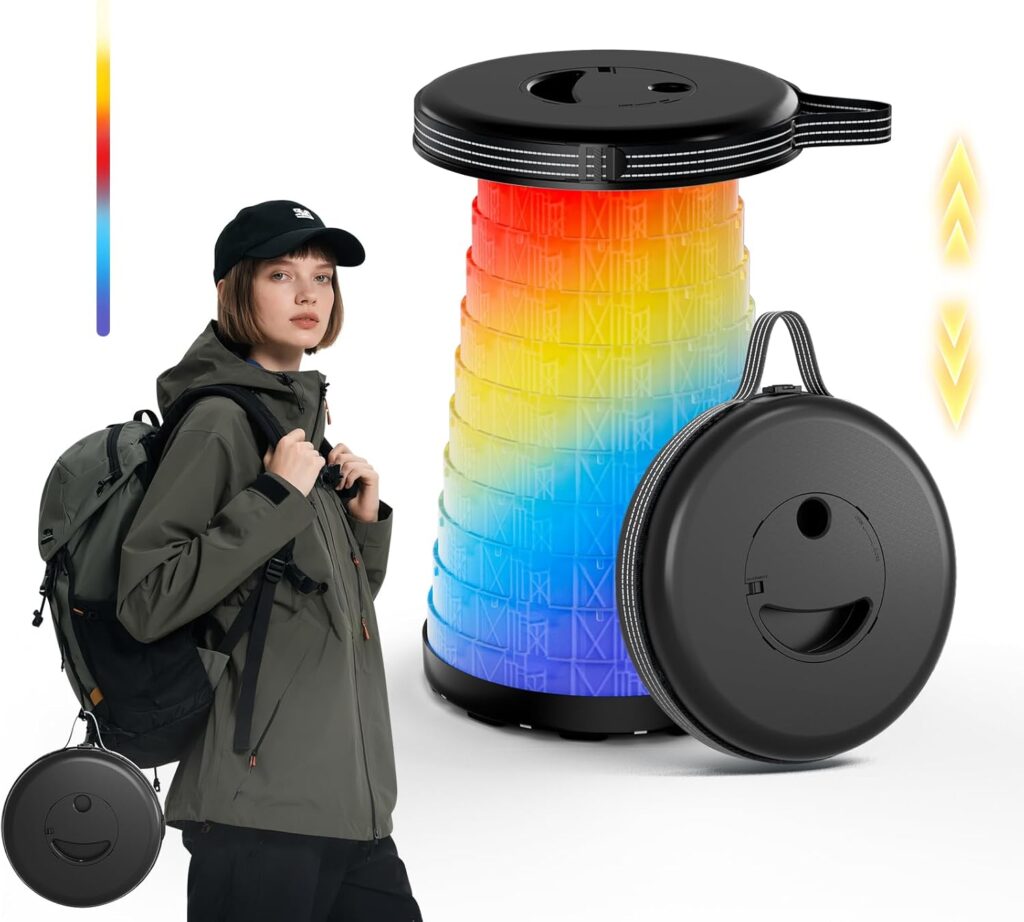 Collapsible Camping Stool with Lights (5 Colors, 3 Modes), Holds up to 400 lbs & Adjustable Height (10 Levels), Portable Folding Chair Stool Seat for Fishing, Parties, Hiking, Travel, Outdoor Events