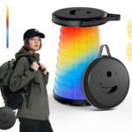 Collapsible Camping Stool with Lights (5 Colors, 3 Modes), Holds up to 400 lbs & Adjustable Height (10 Levels), Portable Folding Chair Stool Seat for Fishing, Parties, Hiking, Travel, Outdoor Events