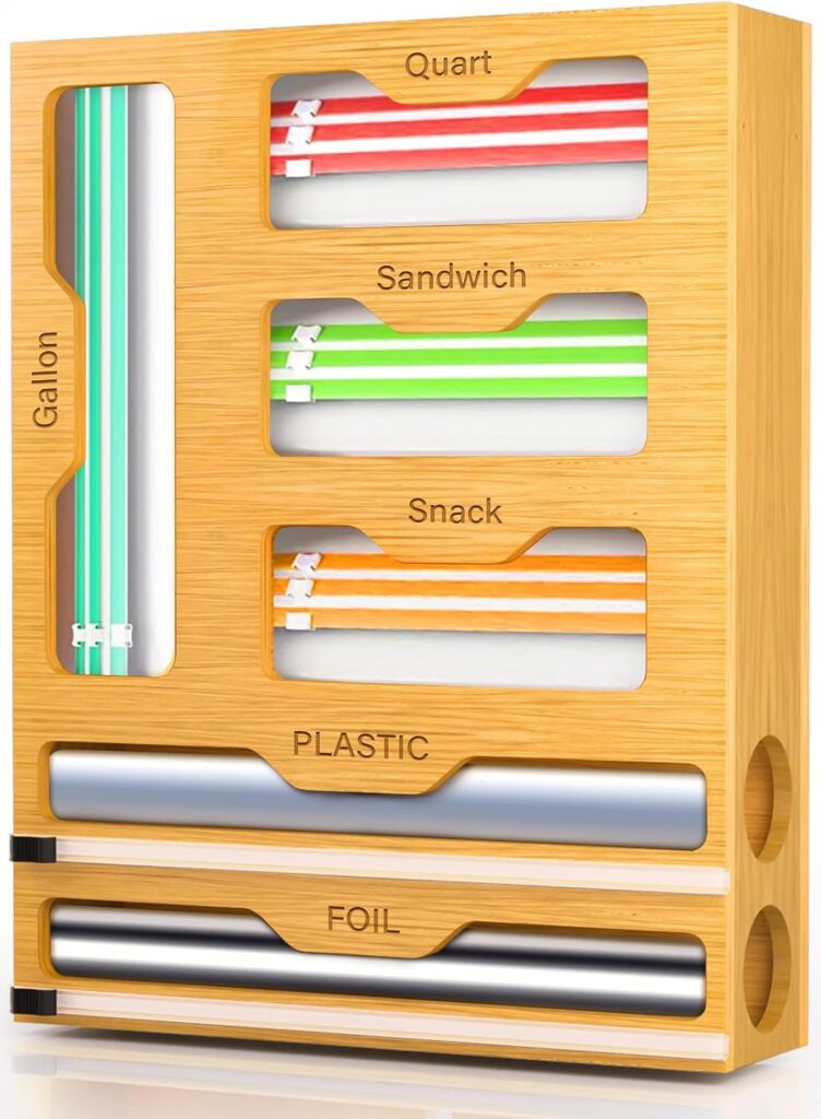 KOCWELL Bag Organizer and Plastic Wrap Dispenser with Cutter, 6 In 1 Bamboo Foil and Plastic Wrap Organizer for Kitchen Drawer, Food Storage Bag Organizer for Gallon,Quart,Sandwich,Snack(Yellow)