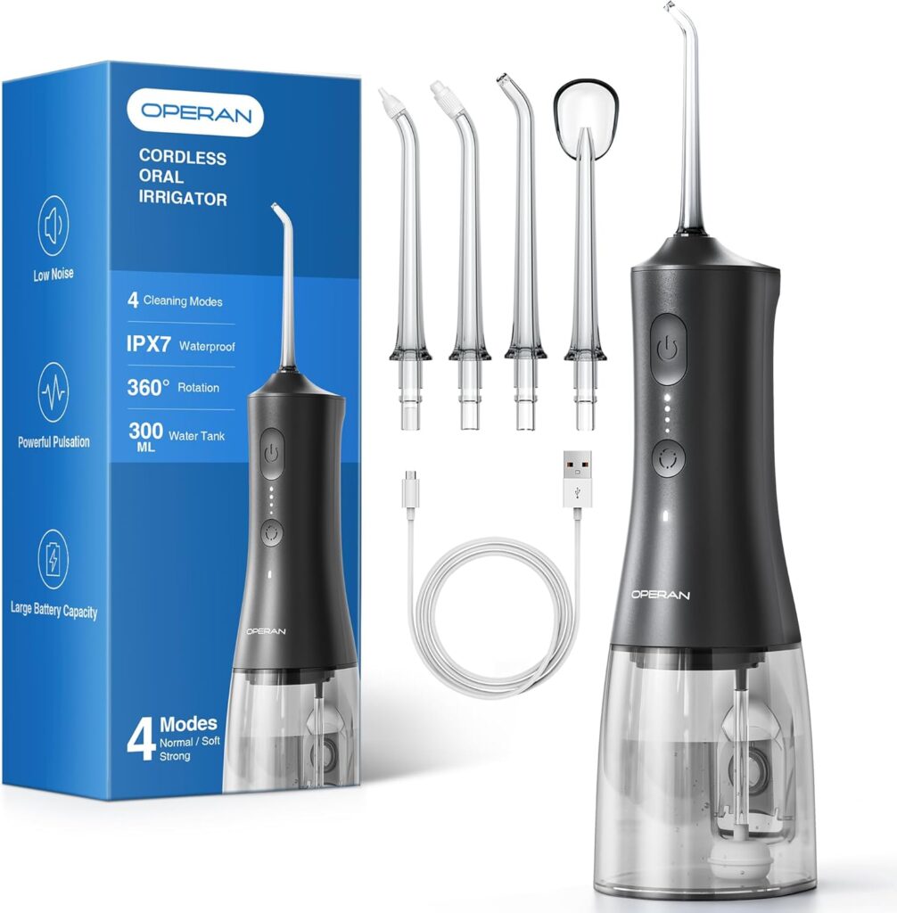 Operan Cordless Water Flossers for Teeth, 300ML Rechargeable Oral Irrigator with 4 Modes & 4 Nozzles, Portable Water Flossers for Adults, IPX7 Waterproof for Home and Travel, Black，01Pack
