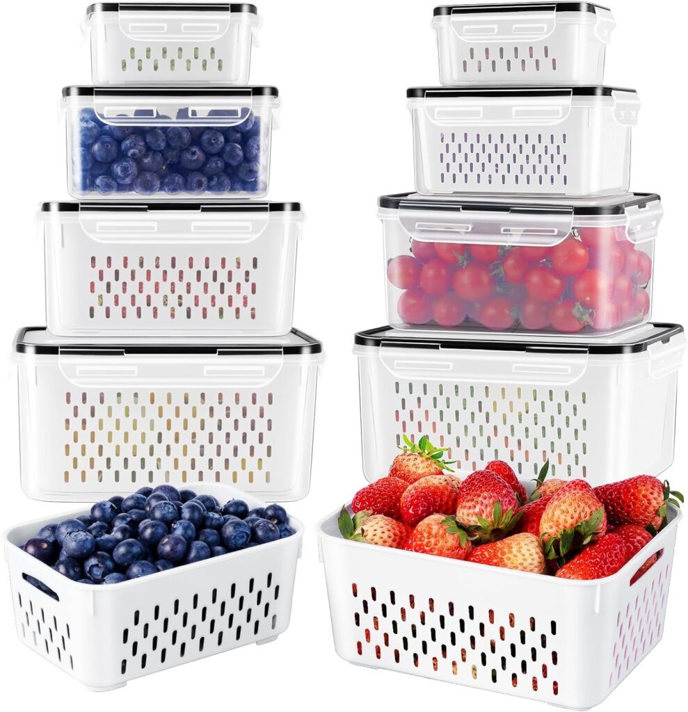 4 PCS Fruit Storage Containers for Fridge with Removable Colander, Airtight Food Storage Container, Dishwasher Safe Produce Saver Container for Refrigerator, Keep Berry Fruit Vegetable Fresh Longer