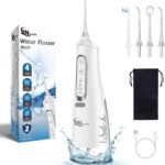 Cordless Water Dental Flosser Oral irrigator,JNGOODS 310ml Rechargeable Water flosser for Teeth IPX7 Waterproof 4 Modes Portable Oral Irrigator with 4 Jet Tips,Travel Home use (White)