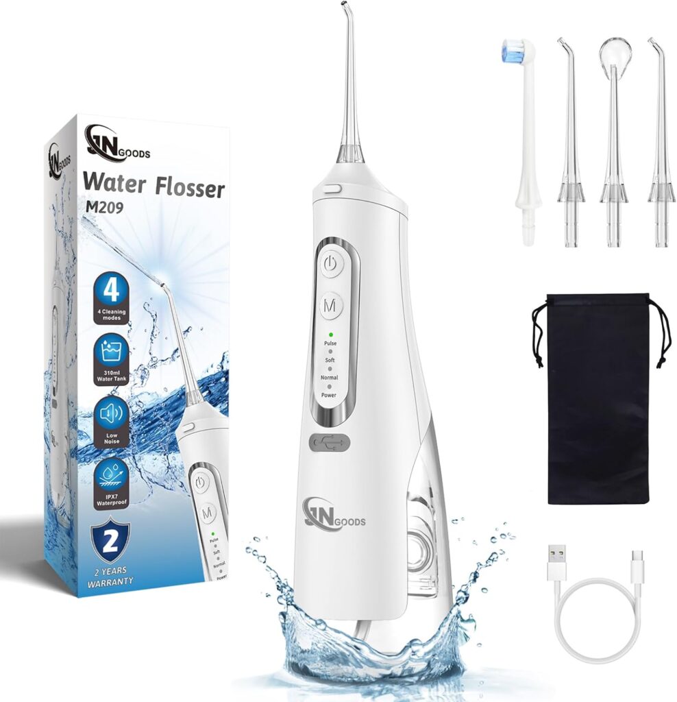 Cordless Water Dental Flosser Oral irrigator,JNGOODS 310ml Rechargeable Water flosser for Teeth IPX7 Waterproof 4 Modes Portable Oral Irrigator with 4 Jet Tips,Travel Home use (White)