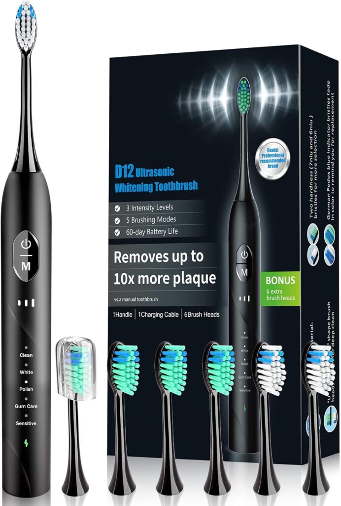Sonic Electric Toothbrush for Adults, Rechargeable with 6 Replacement Brush Heads, 5 Modes and 3 Intensity, with 2-Minute Intelligent Timer and IPX7 Waterproof Technology, in Antique Black