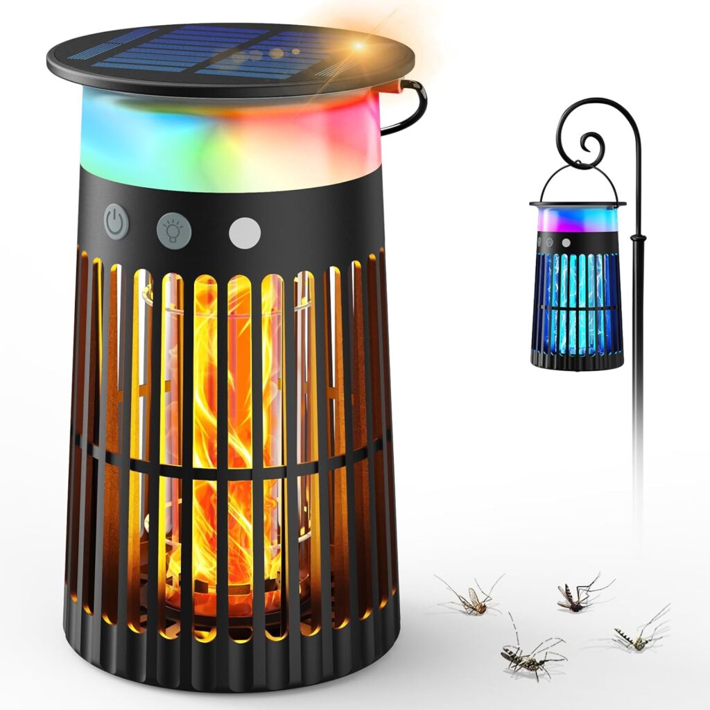Solar Bug Zapper Outdoor, Waterproof Mosquito Zapper with RGB & Flame Light, 4200V Electric Bug Zapper Indoor, 4000mAh Rechargeable Mosquito Killer Fly Zapper Trap for Patio Backyard Kitchen Camping