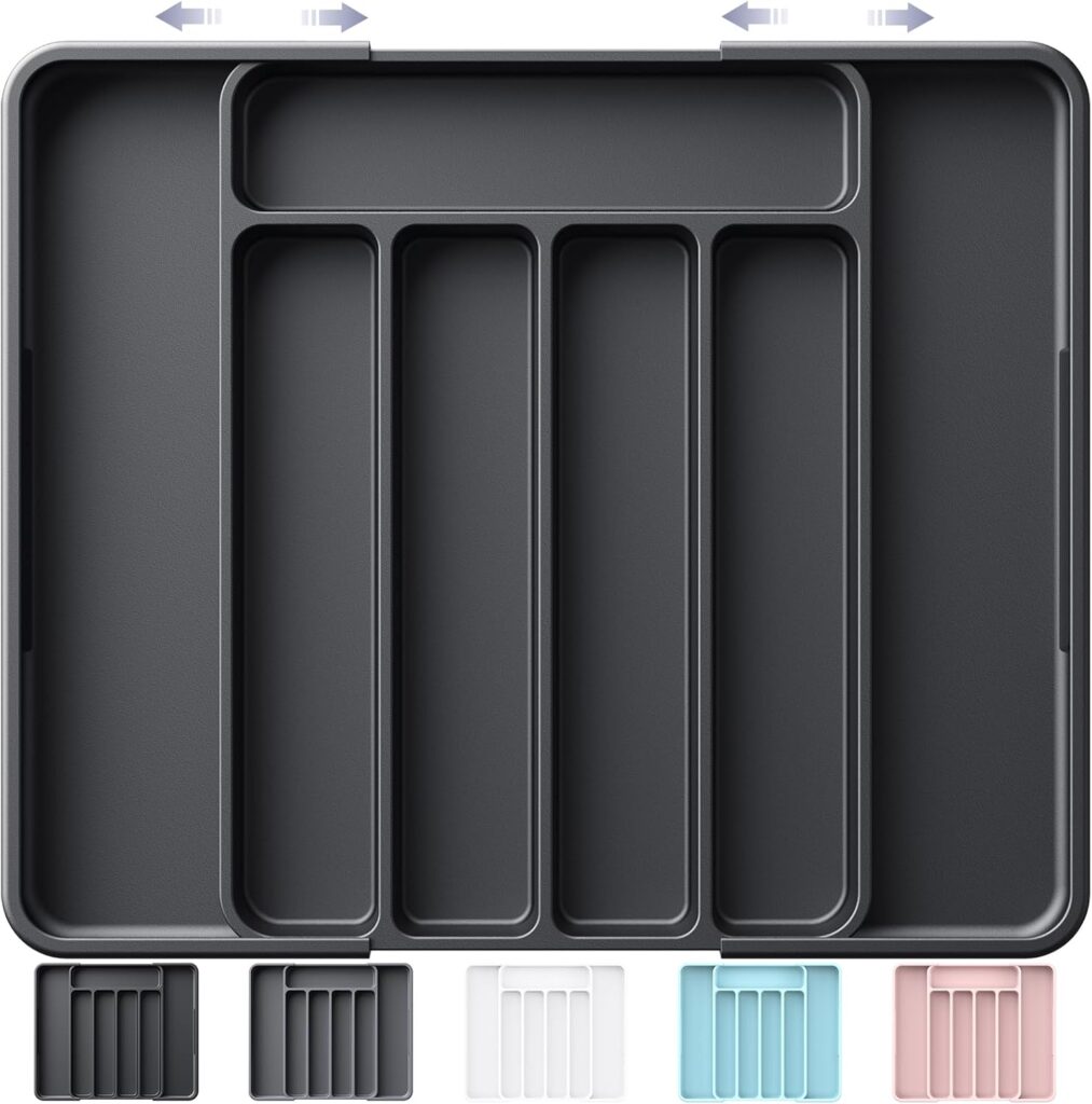 Kitsure Cutlery Drawer Organiser for Kitchen – Adjustable Cutlery Tray for Effortless Utensil Sorting, Versatile Kitchen Storage & Organisation Solution, 12.13″ x 1.54″ x 8.07″~13.90″, Black