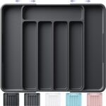 Kitsure Cutlery Drawer Organiser for Kitchen – Adjustable Cutlery Tray for Effortless Utensil Sorting, Versatile Kitchen Storage & Organisation Solution, 12.13″ x 1.54″ x 8.07″~13.90″, Black