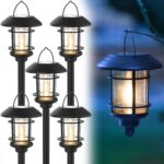 Dynaming 6 Pack Dual Use Solar Path Lights Outdoor, Hanging Lantern Solar Garden Lights with Edison Bulb, Landscape Lighting, Waterproof & Auto On/Off for Patio Pathway Walkway Driveway, Warm White