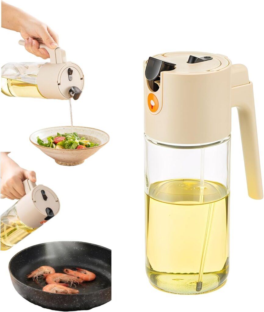 20oz/600ml Glass Olive Oil Sprayer for Cooking, 2 in 1 Oil Dispenser for Kitchen Gadgets, Olive Oil Dispenser Bottle for Salad, Frying, BBQ (Beige)