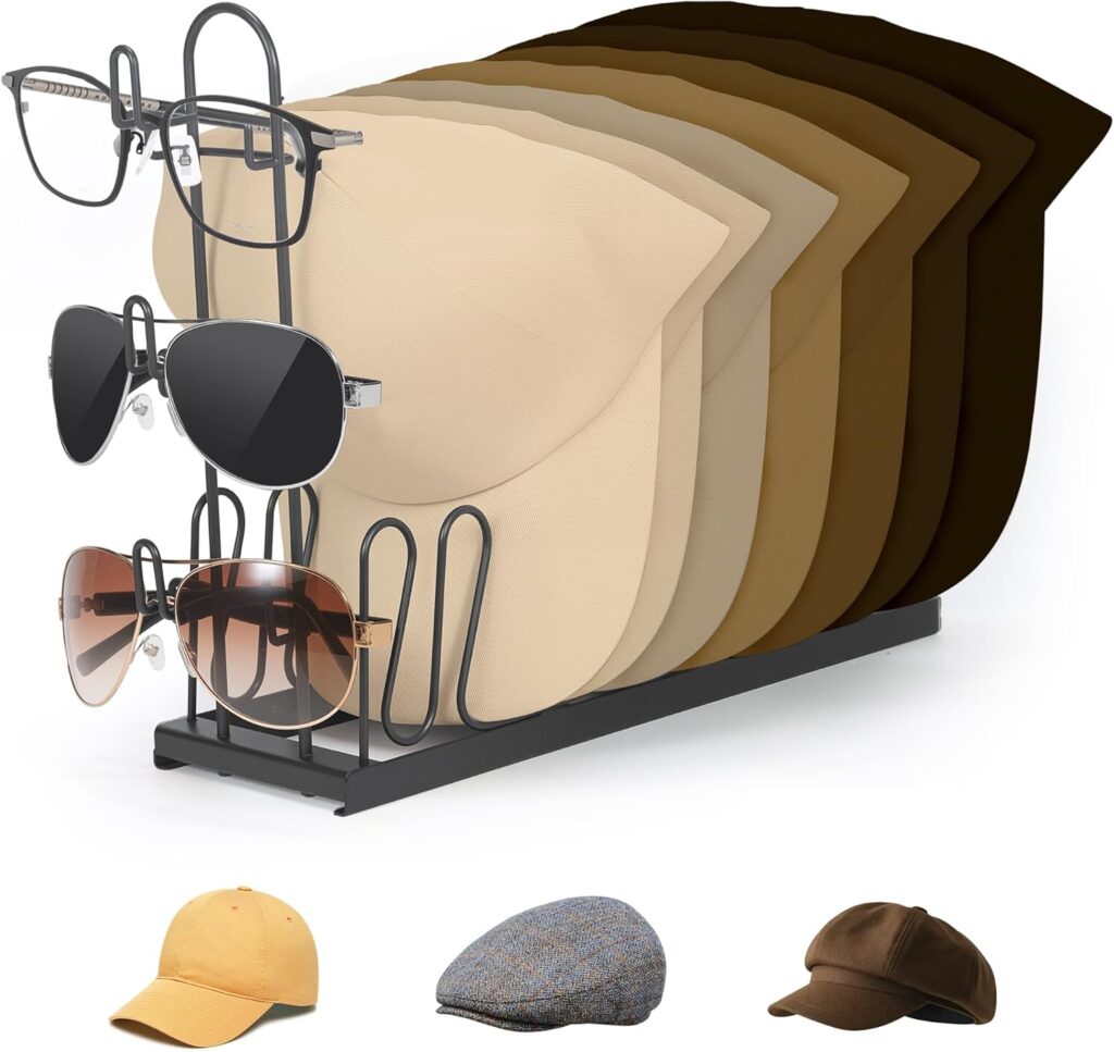 Hat & Sunglasses Organizer Rack, Foldable Storage Stand for 8 Baseball Caps & 3 Glasses – Space-Saving Hat Holder, Gift for Hat Lovers, Ideal for Closet, RV, Bedroom, or Vanity Table