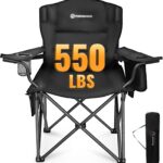 FUNDANGO Oversized Camping Chair for Adults, Heavy Duty Portable Foldable Lawn Chair with Padded Seat & Back, Lumbar Support, 4-can Cooler & Cup Holder, Carry Bag Included for Outdoor (Black)