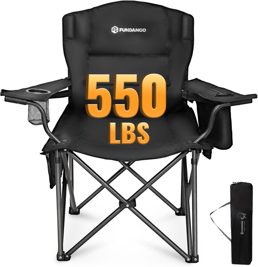 FUNDANGO Oversized Camping Chair for Adults, Heavy Duty Portable Foldable Lawn Chair with Padded Seat & Back, Lumbar Support, 4-can Cooler & Cup Holder, Carry Bag Included for Outdoor (Black)