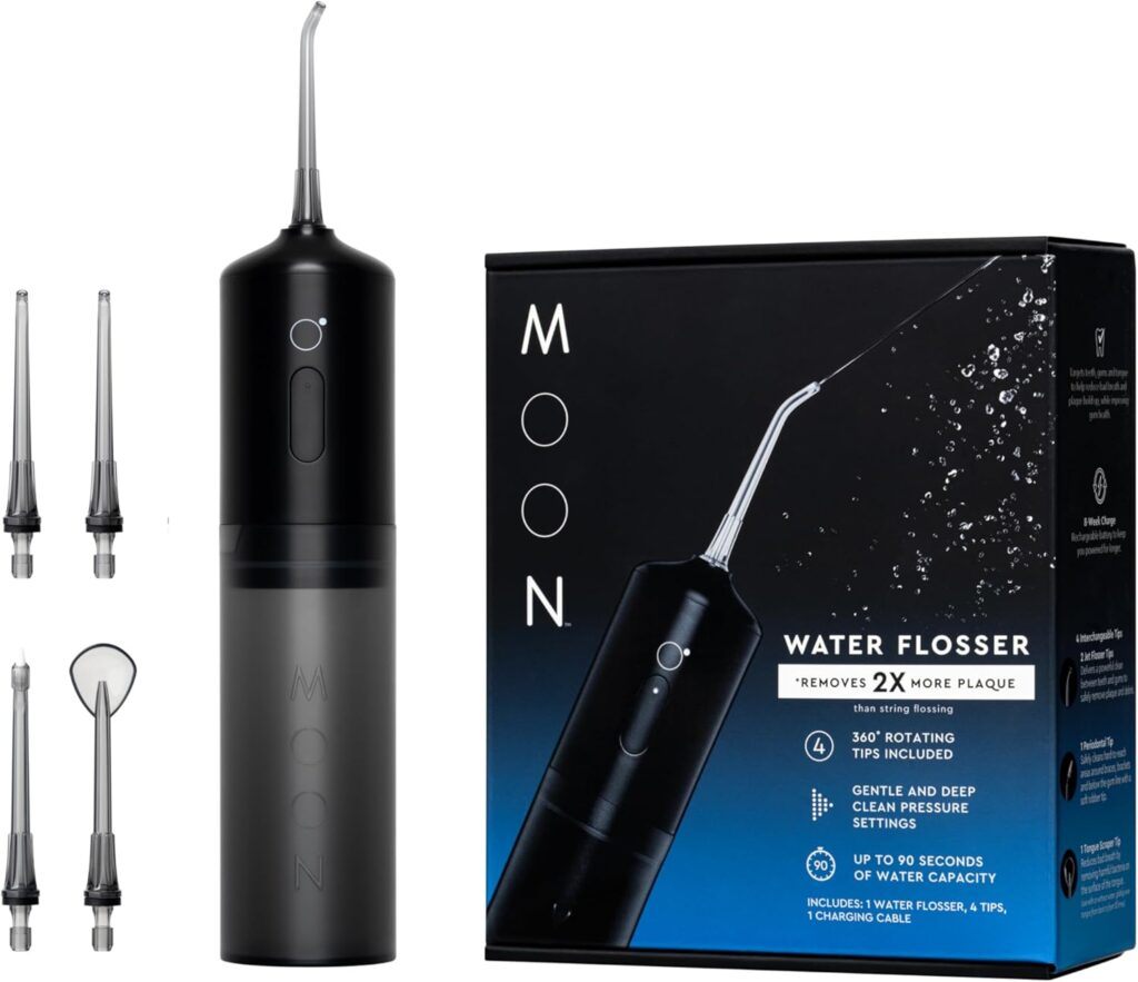 Moon Cordless Water Flosser for Teeth Cleaning, Plaque Removal & Gum Health – Water Pick with Gentle or Deep Clean Mode, 4 Interchangeable Tips & 8 Week Charge – Safe for Braces (1 Count)