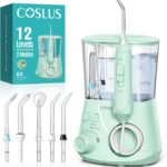 COSLUS Excellent Water Flosser for Teeth Cleaning: 12 Pressure Settings & 2 Modes for Orthodontic, Braces, Sensitive – Patented Storage, 5 Jet Tips and 600ML Tank for Family, Home Use, Green, E2