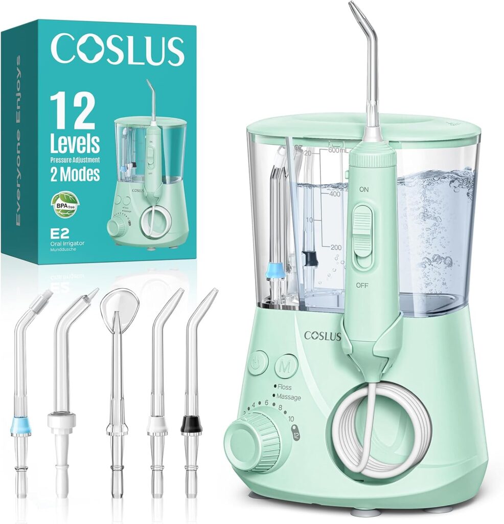 COSLUS Excellent Water Flosser for Teeth Cleaning: 12 Pressure Settings & 2 Modes for Orthodontic, Braces, Sensitive – Patented Storage, 5 Jet Tips and 600ML Tank for Family, Home Use, Green, E2