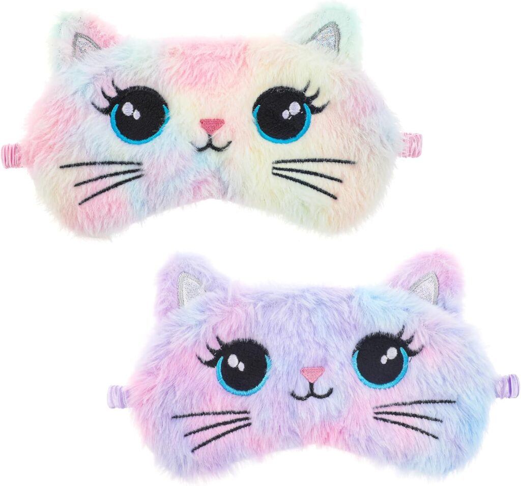 Sleep Mask for Kids, 2 Pcs Cute Cat Sleeping Eye Mask Colorful Soft Plush Girls Sleep Masks Comfortable Funny Animal Night Eye Masks for Sleeping for Women Girls Home Travel