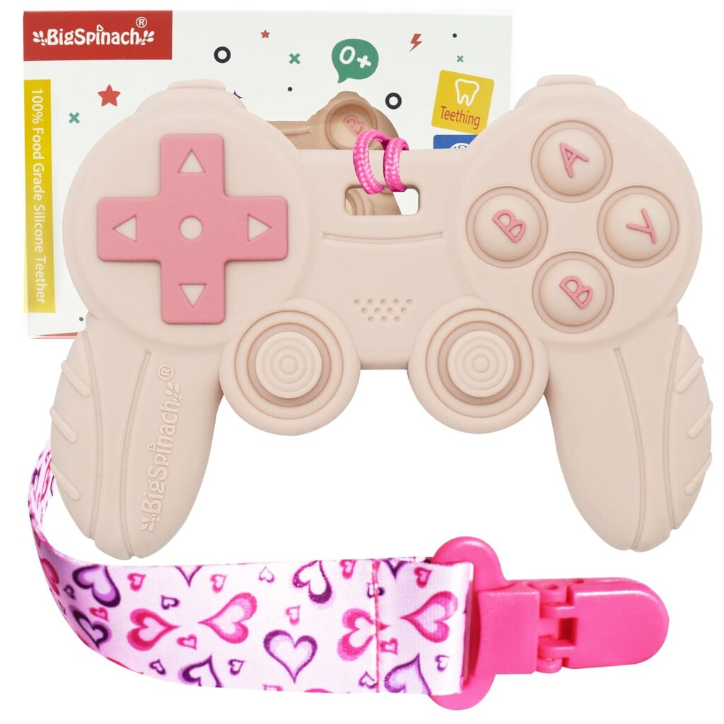 Cool Remote Game Control Teething Toy for Babies 0-6 6-12 Months,Game Controller Teether for Gamer Parents,Baby’s First Valentines Day Gifts,Silicone Remote Chew Toys๏ผPink