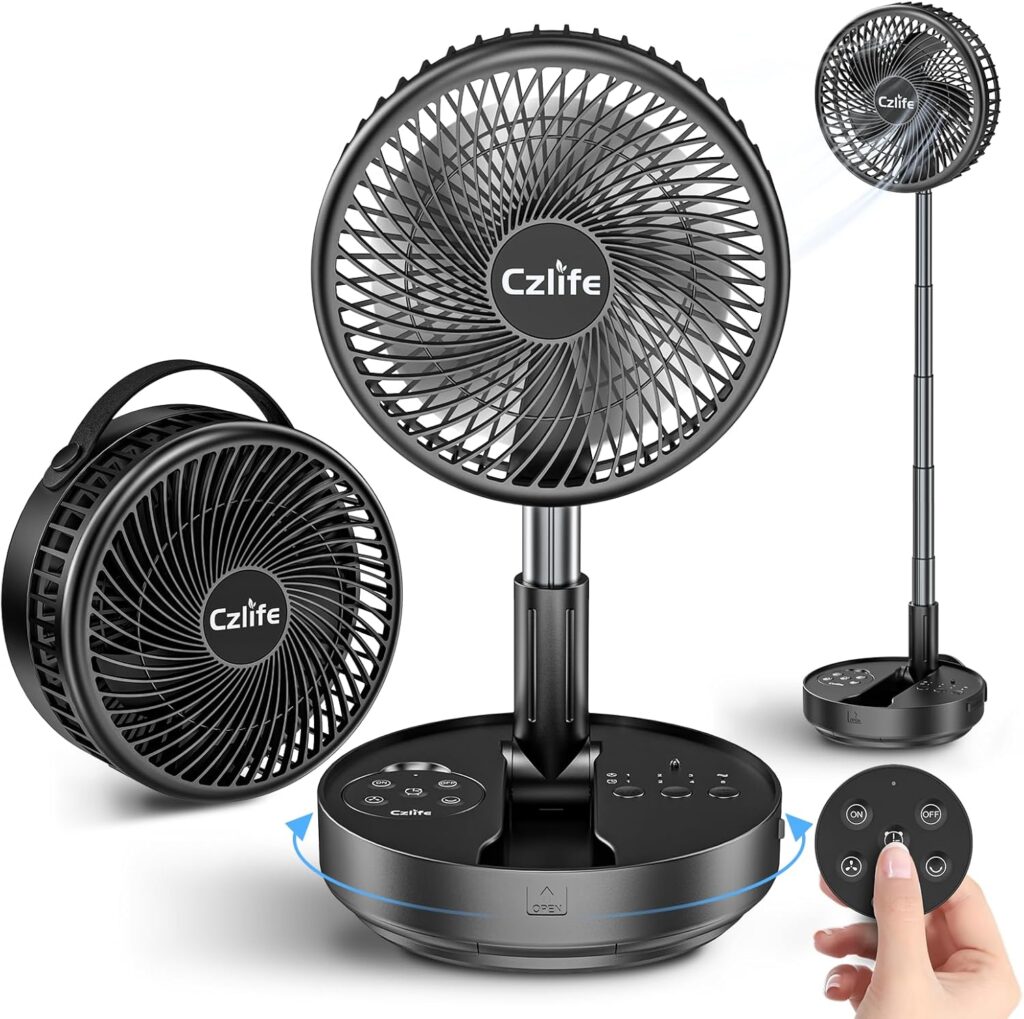 F9 Portable Fan, 10000mAh Rechargeable Battery Powered for Travel Sleeping Camping Bedroom Outdoor, Cordless Floor Desk Fan, Oscillating Folding USB Fan with Remote, 4 Speed, Timer, 7.7″