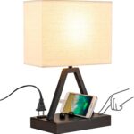 Briever Touch Control Table Lamp, 3-Way Dimmable Desk Lamp with USB C & USB A and AC Outlet, Bedside Lamps with Phone Stands for Bedroom, Living Room, Office, LED Bulb Included, Black