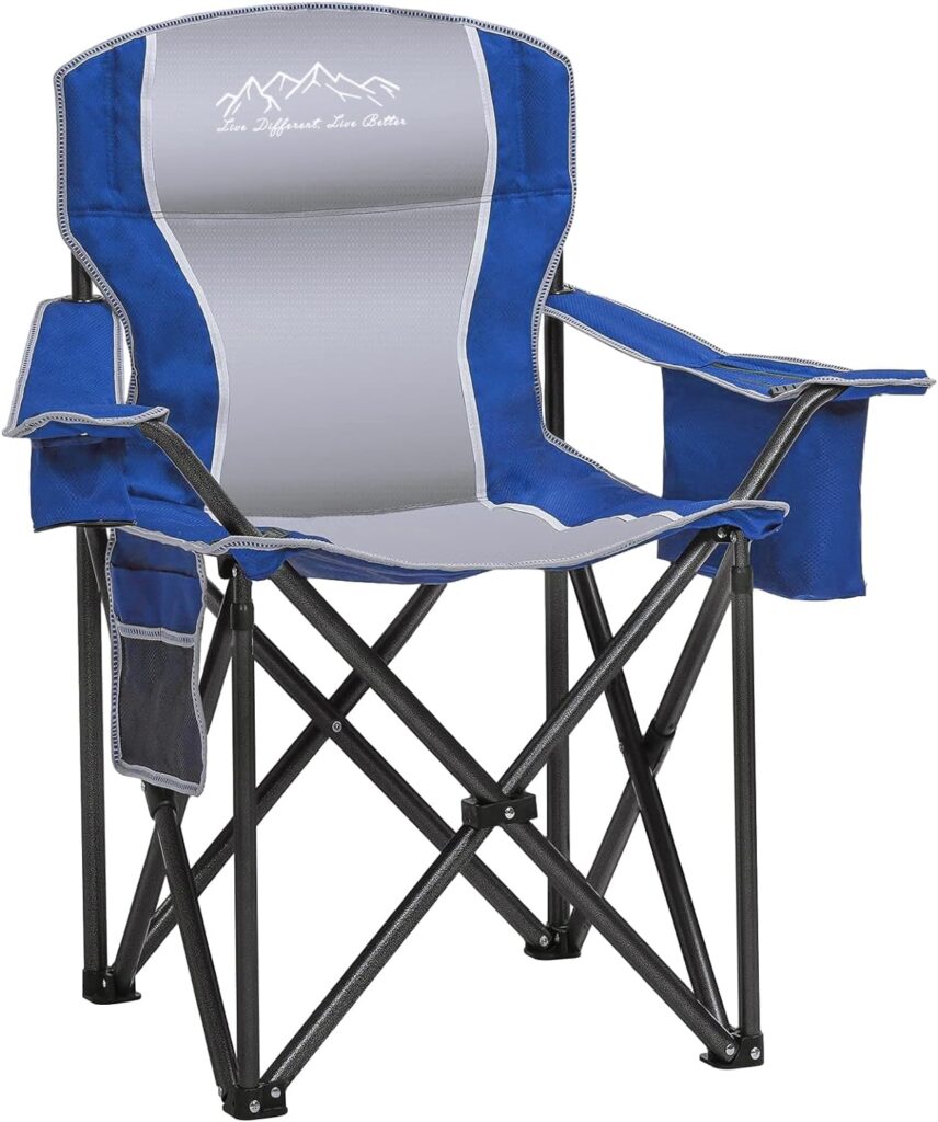 Folding Camping Chair, Heavy Duty Portable Lawn Chairs with Cooler Bag, Side Pocket & Cup Holder, Folding Chairs for Outside Support 450lbs Blue