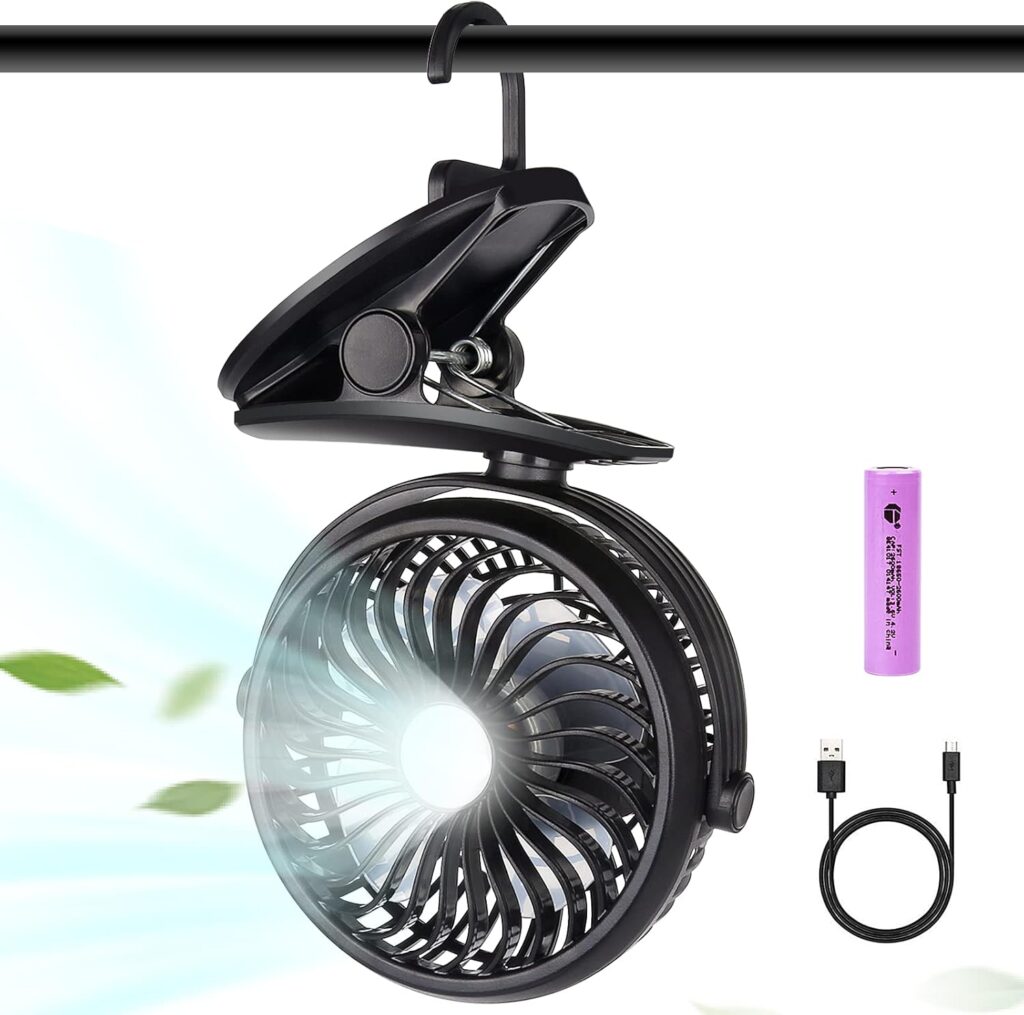 Battery Operated Clip On Camping Fan with LED Lights, Mini Desk Fan Rechargeable 2200mAh with 3 Level Air Flow, Portable Personal Fan for Baby Stroller Camping Home Office Travel Indoor Outdoor