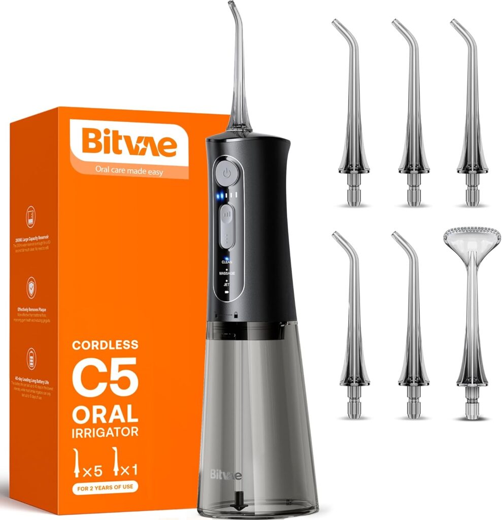 Bitvae Water Dental Flosser for Teeth, Cordless Water Teeth Cleaner Picks, 3 Modes 5 Intensities, IPX7 Waterproof, Rechargeable Water Dental Picks for Cleaning – Black