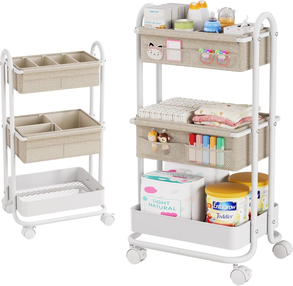 Baby Diaper Caddy Organizer Cart – 3 Tier Rolling Storage Cart with Wheels, Baby Essentials Nursery Storage, Detachable Dividers – for Crib, Bedroom, Art & Craft Organizer (Off White)